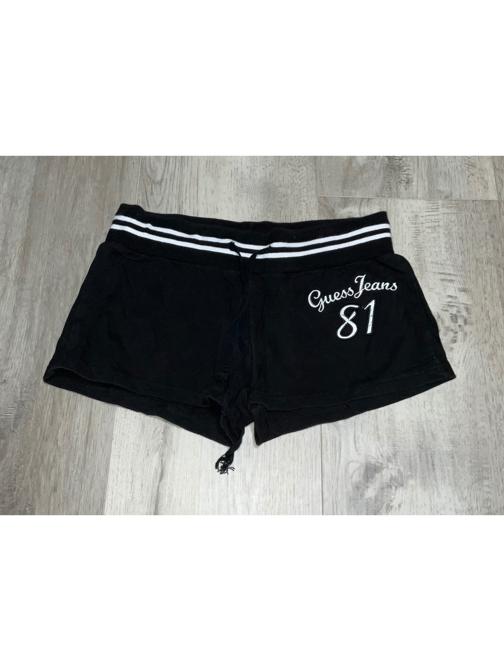 Guess Jeans Black Athletic Shorts with White Striped Waistband and 81 Logo Small